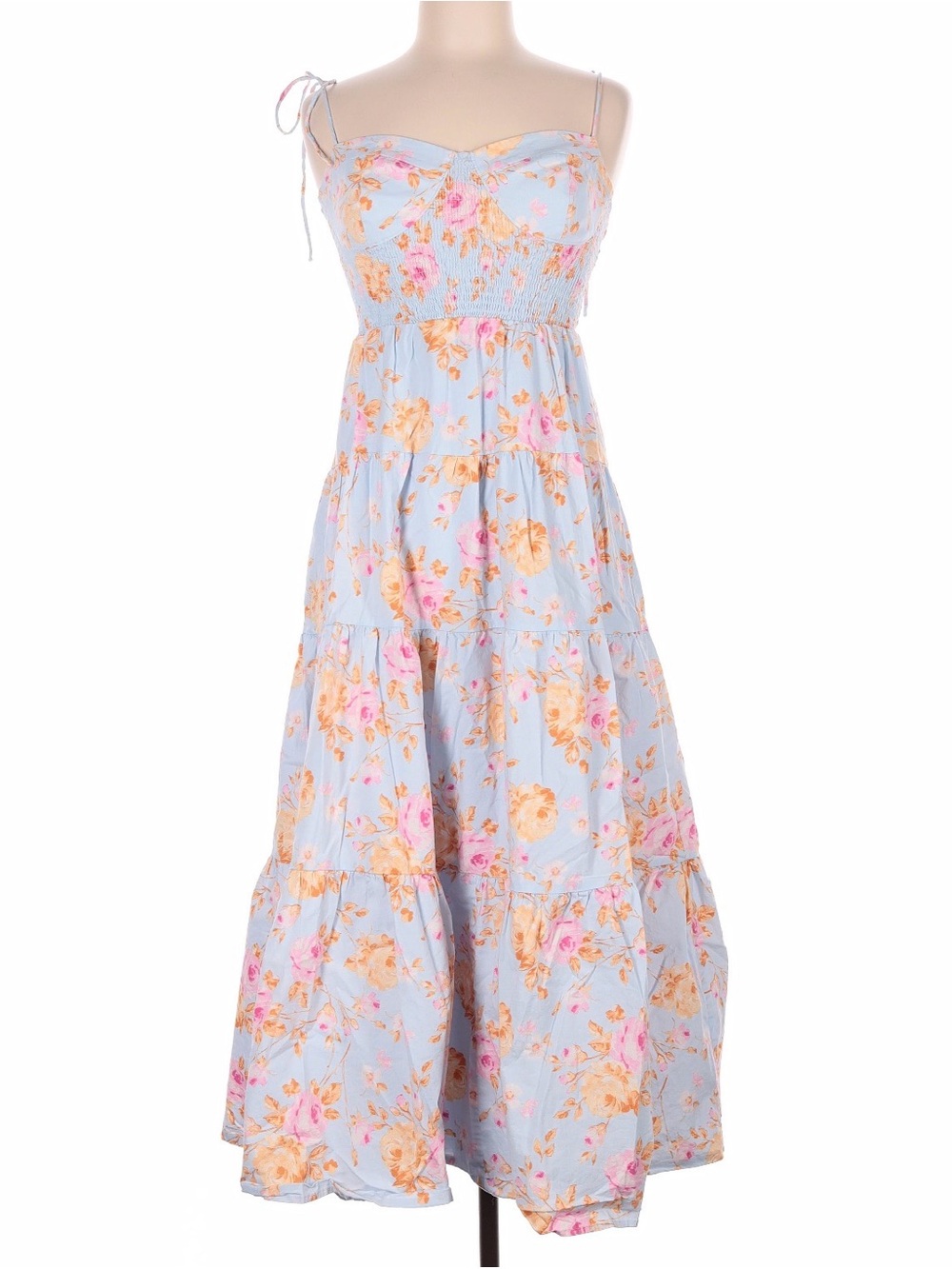 Wayf Sky Blue Floral Tiered Maxi Dress with Pink & Peach Blooms